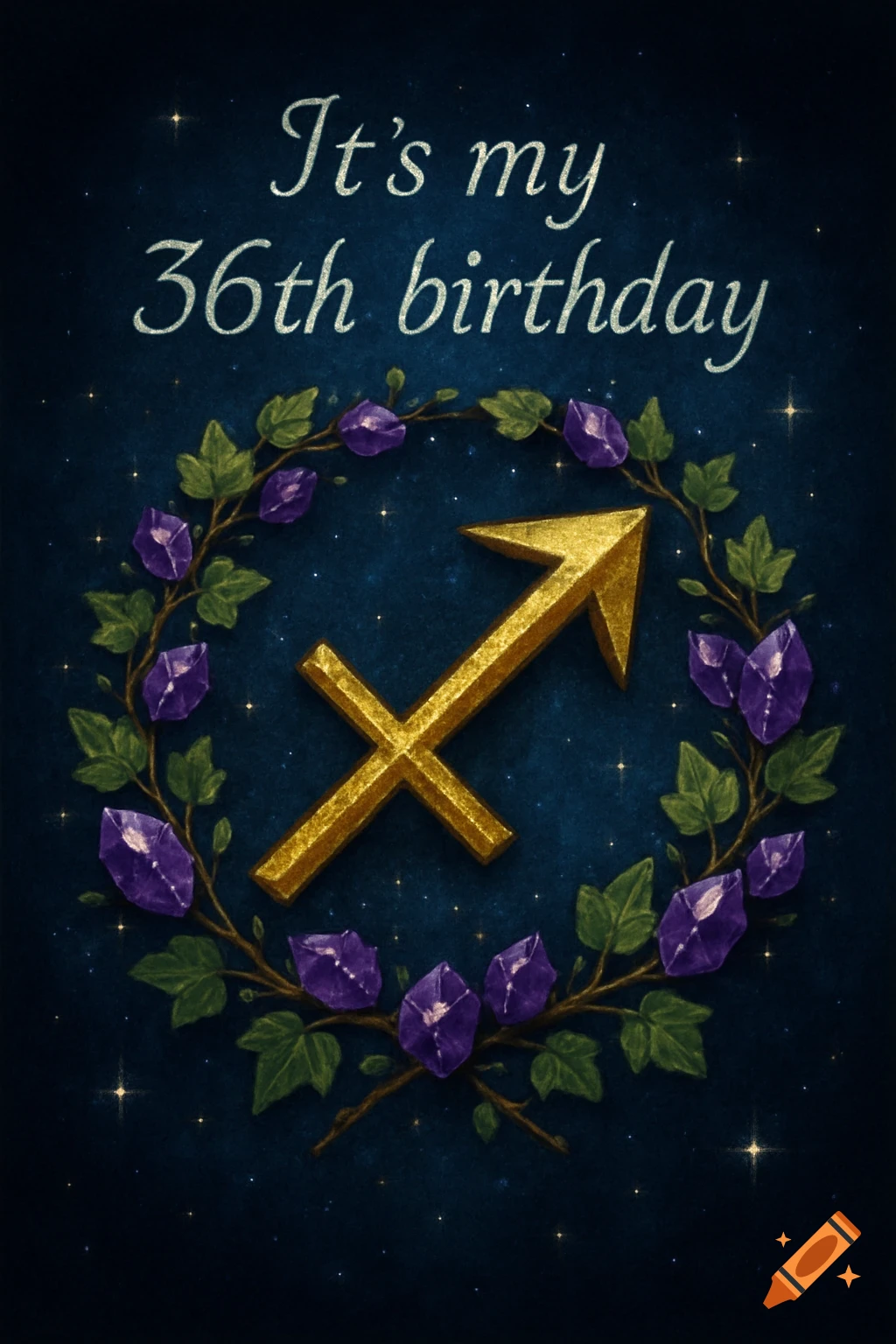 A golden Sagittarius symbol surrounded by a green leaf and purple crystal wreath, with "It's my 36th birthday" text on a dark starry background, fantasy art style.