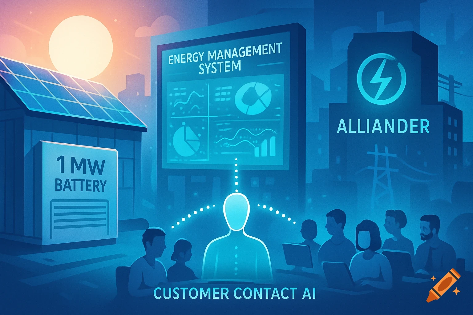 Stylized illustration of a city scene with solar panels, a 1MW battery, an energy management system, the 'Alliander' building, and customer contact AI with people.