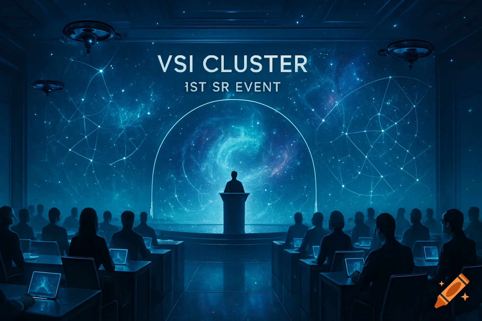 A dark room with silhouetted people at desks, looking at a large screen displaying 'VSI CLUSTER 1ST SR EVENT' and a cosmic blue design.