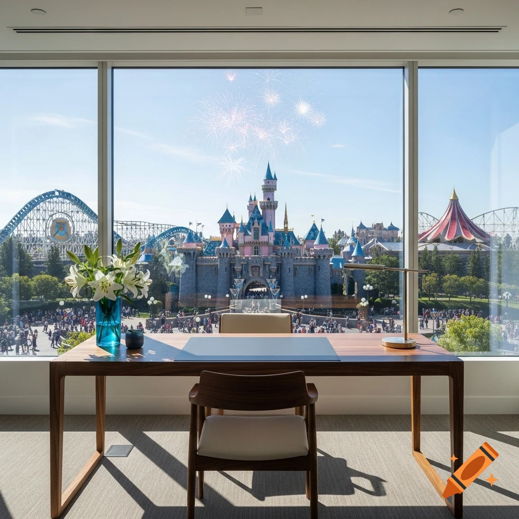 A modern office desk and chair overlook Disneyland with its castle, roller coasters, and fireworks under a clear blue sky.