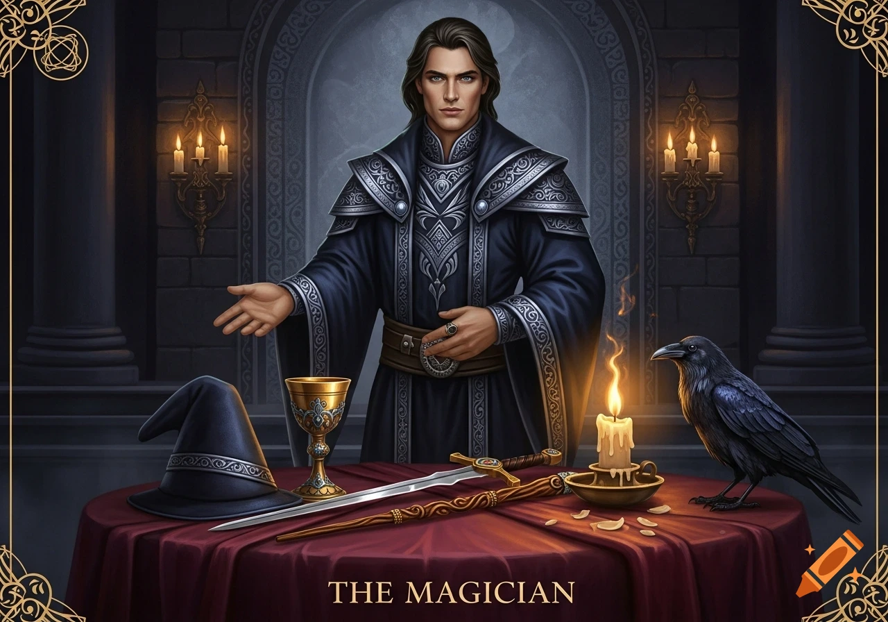 A handsome magician in a dark robe stands behind a table with a wizard's hat, chalice, sword, wand, candle, and raven, in a mystical fantasy art style. Text 'THE MAGICIAN' below.
