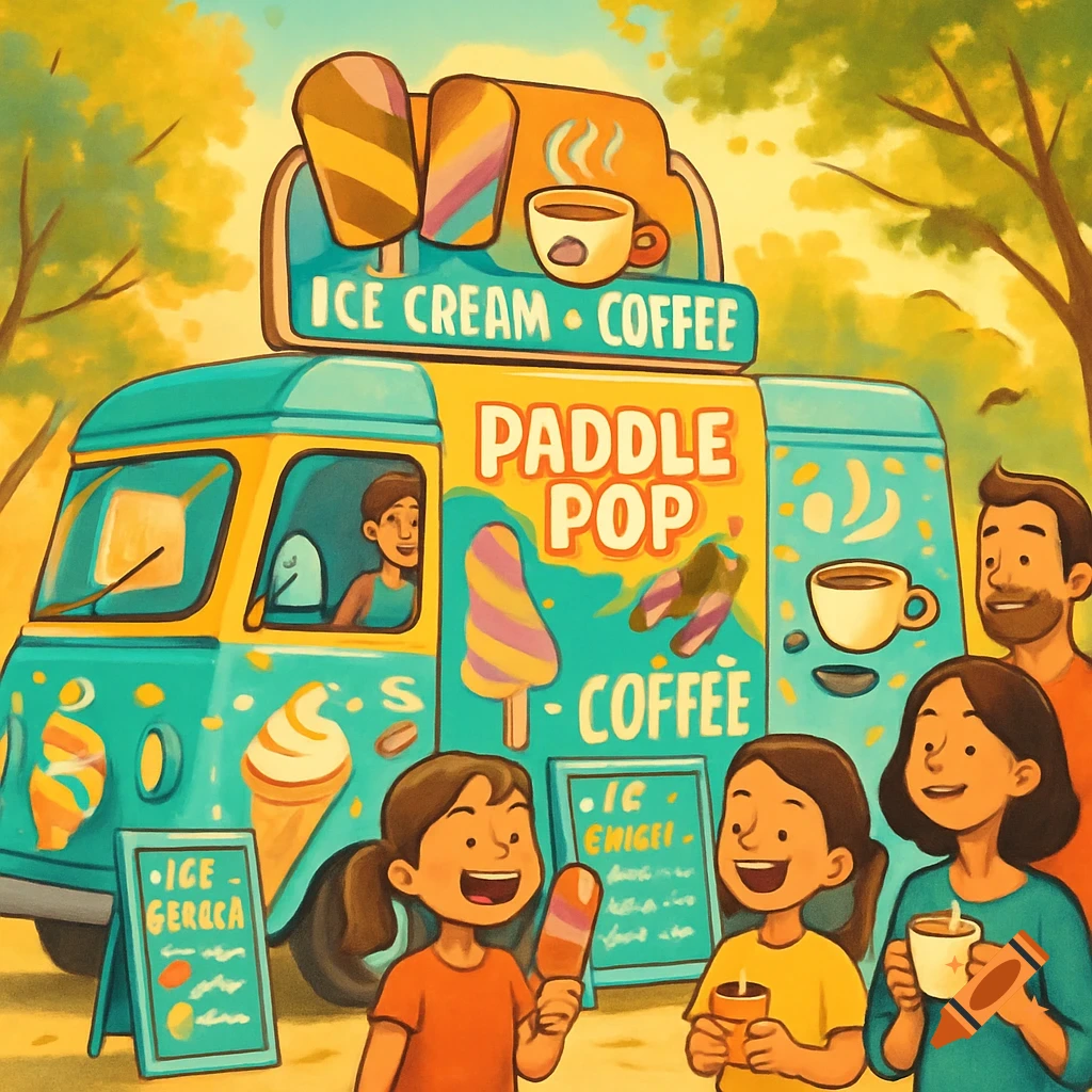 A stylized illustration of a turquoise and yellow ice cream and coffee van serving a family in a park setting, with children holding paddle pops and adults drinking coffee.