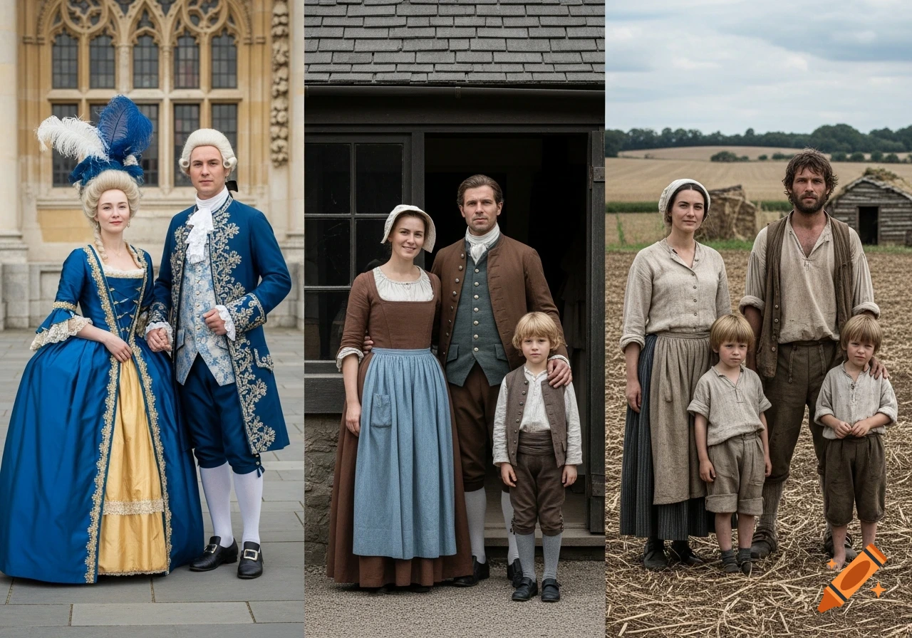 Three families representing different historical social classes: an upper-class couple, a middle-class family, and a lower-class family in rural settings.