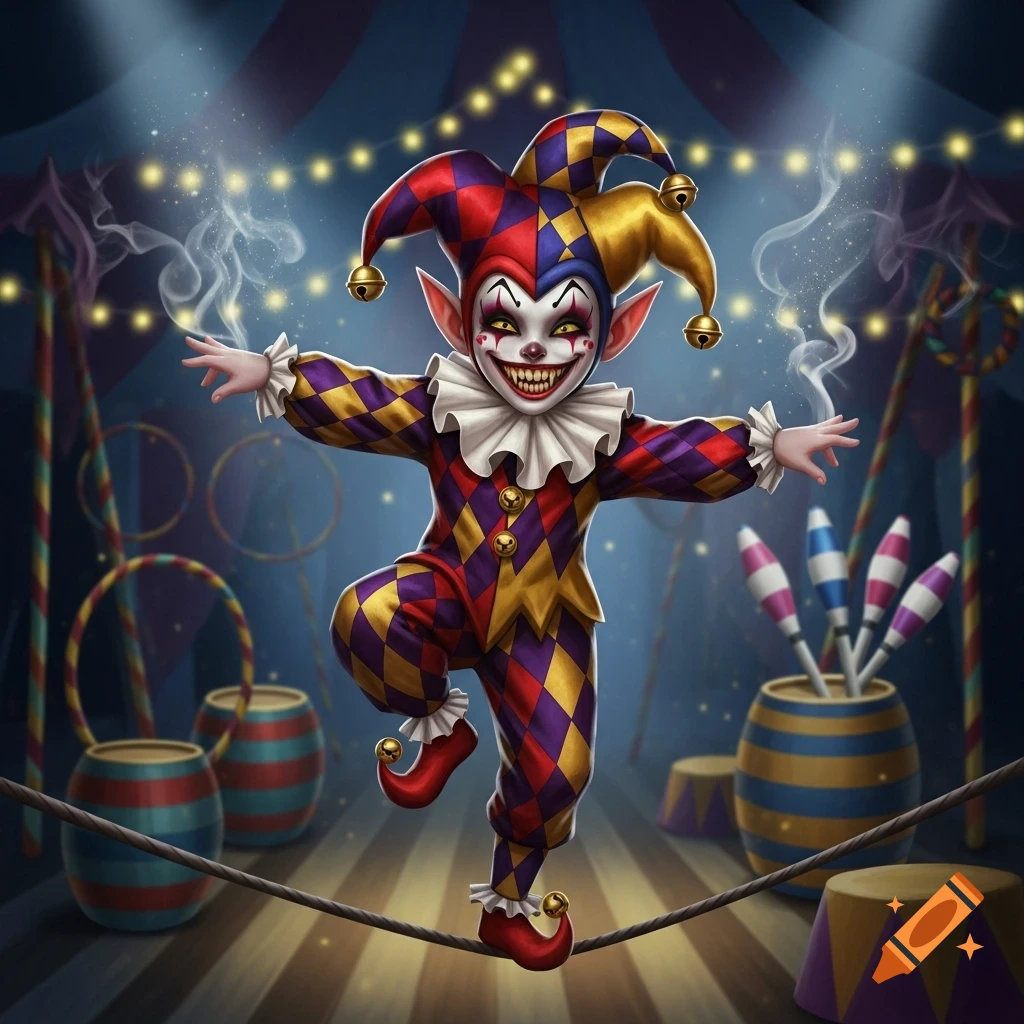 A creepy jester imp with sharp teeth, yellow eyes, and a harlequin outfit balances on a tightrope in a dimly lit circus tent.
