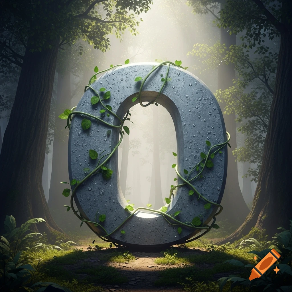 A large, weathered stone letter 'O' covered in green vines and dewdrops, standing in a sunlit, misty forest.