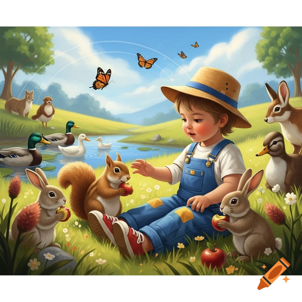 A child in overalls and a straw hat sits in a sunny, grassy field surrounded by rabbits, a squirrel, and ducks, with butterflies, in a colorful illustration.