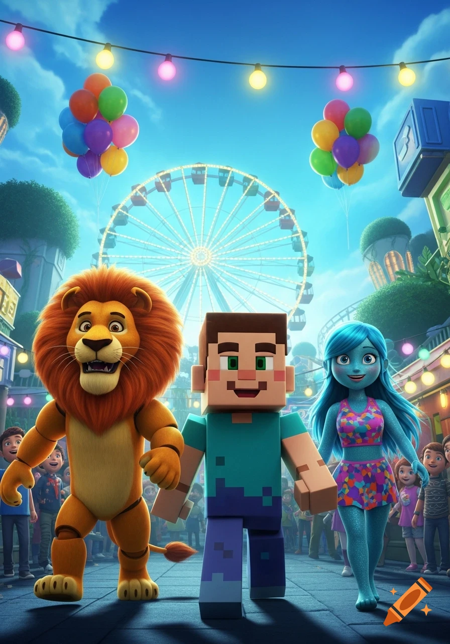 A cartoon lion animatronic, a Minecraft character, and a blue mermaid character stand at an amusement park fairground.