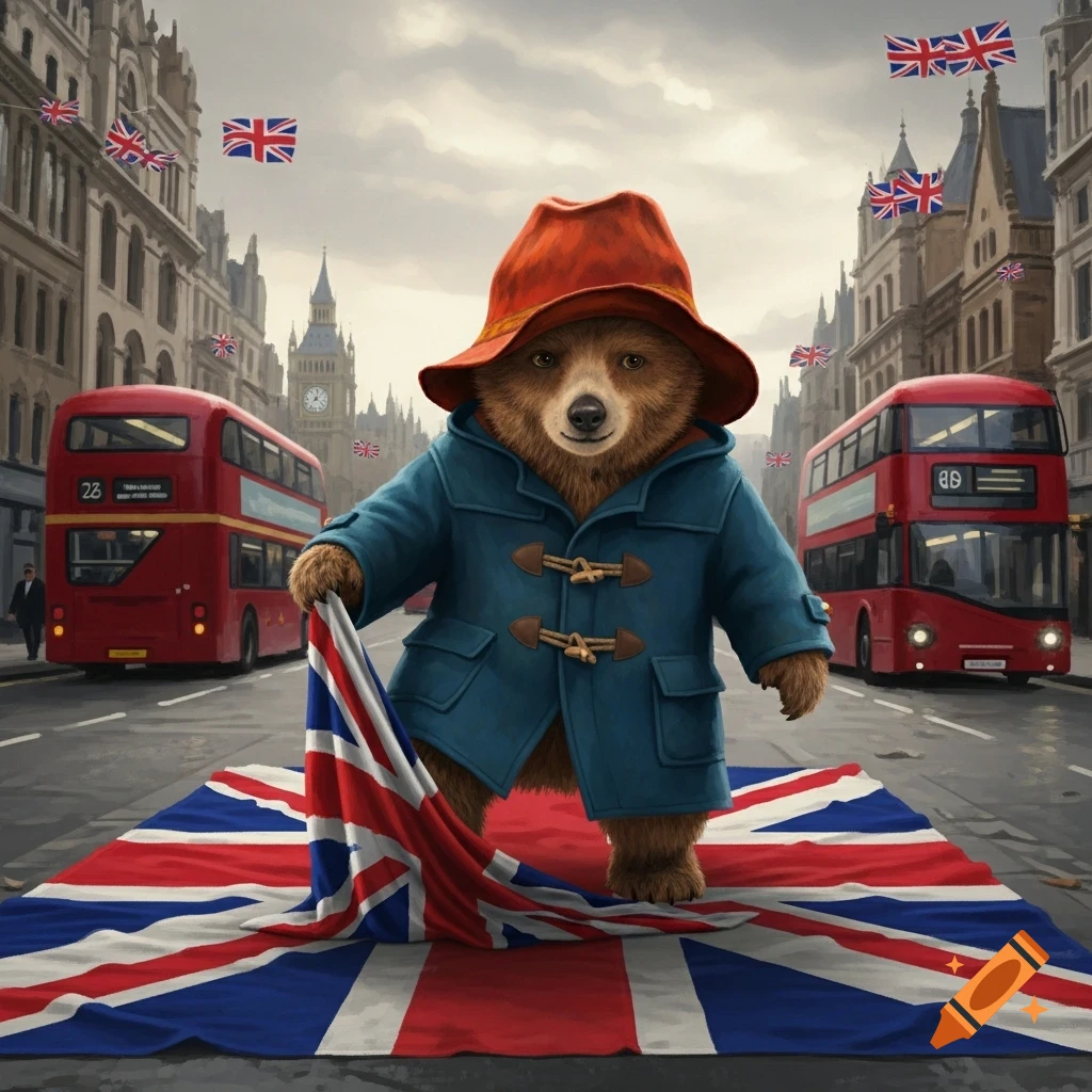 Paddington Bear stands on a Union Jack flag on a London street with red buses and Big Ben, in a realistic illustration.