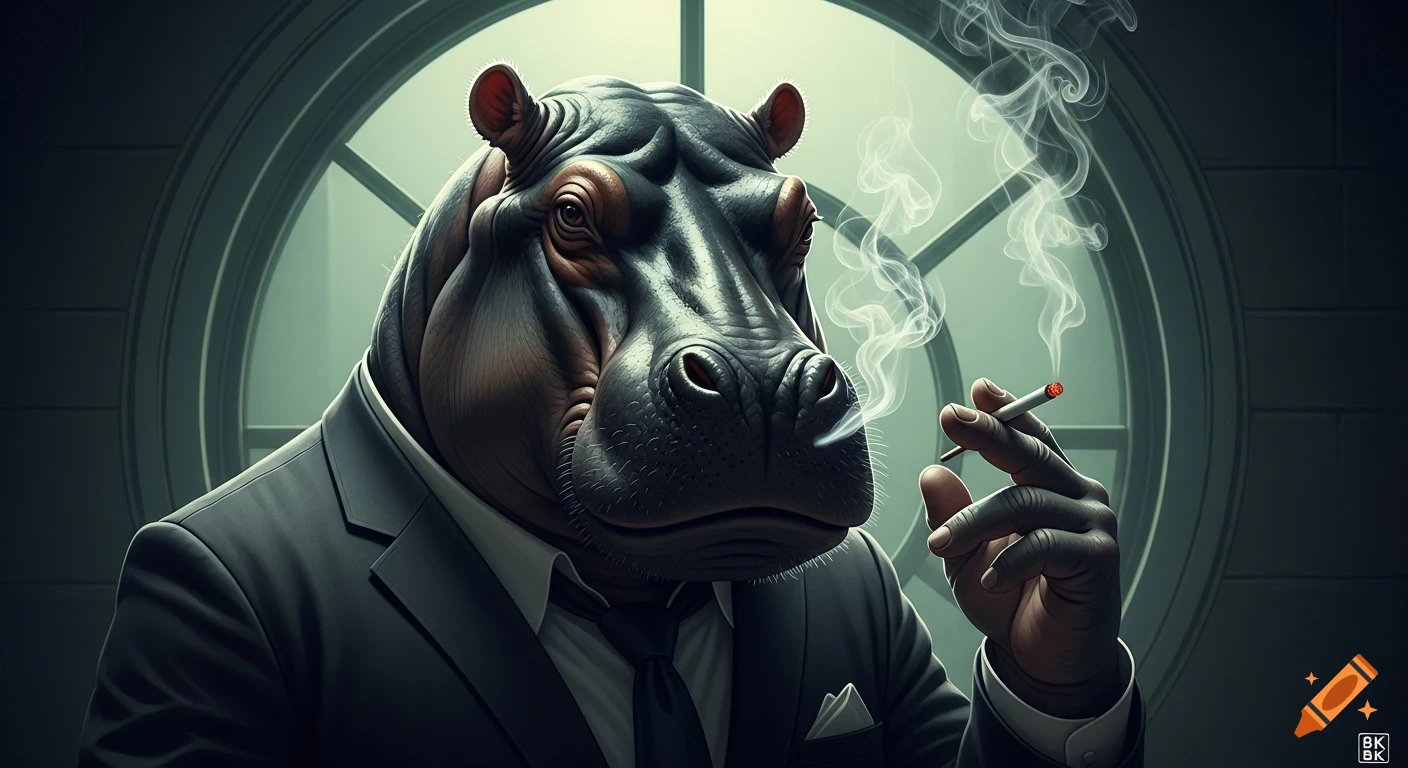 A photorealistic portrait of an anthropomorphic hippo in a dark suit and tie, holding a lit cigarette with smoke, through a round window.