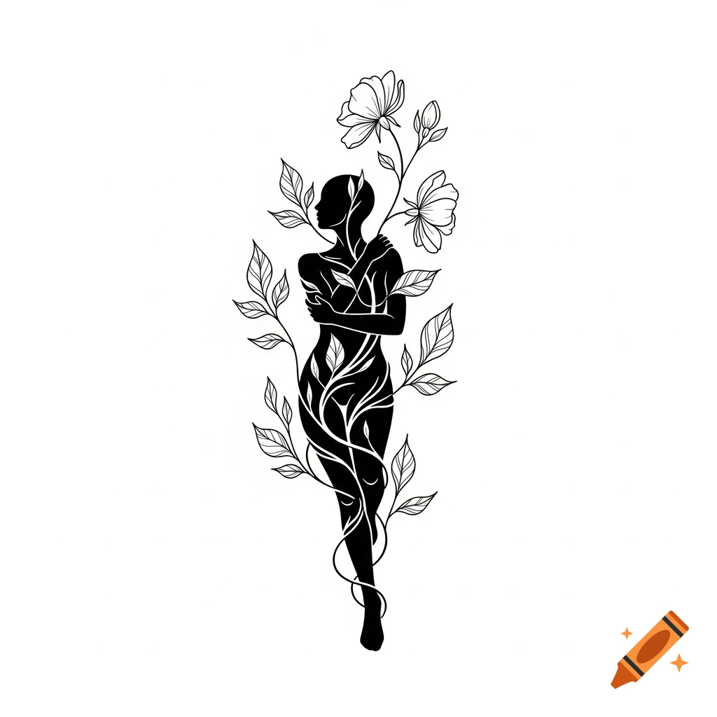 Black line art silhouette of a female figure entwined with leaves and flowers on a white background.