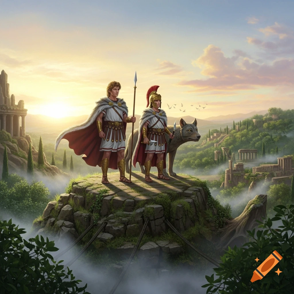 Two ancient Roman-style warriors and a wolf stand on a rocky peak overlooking a vast, misty landscape with ancient ruins at sunrise.