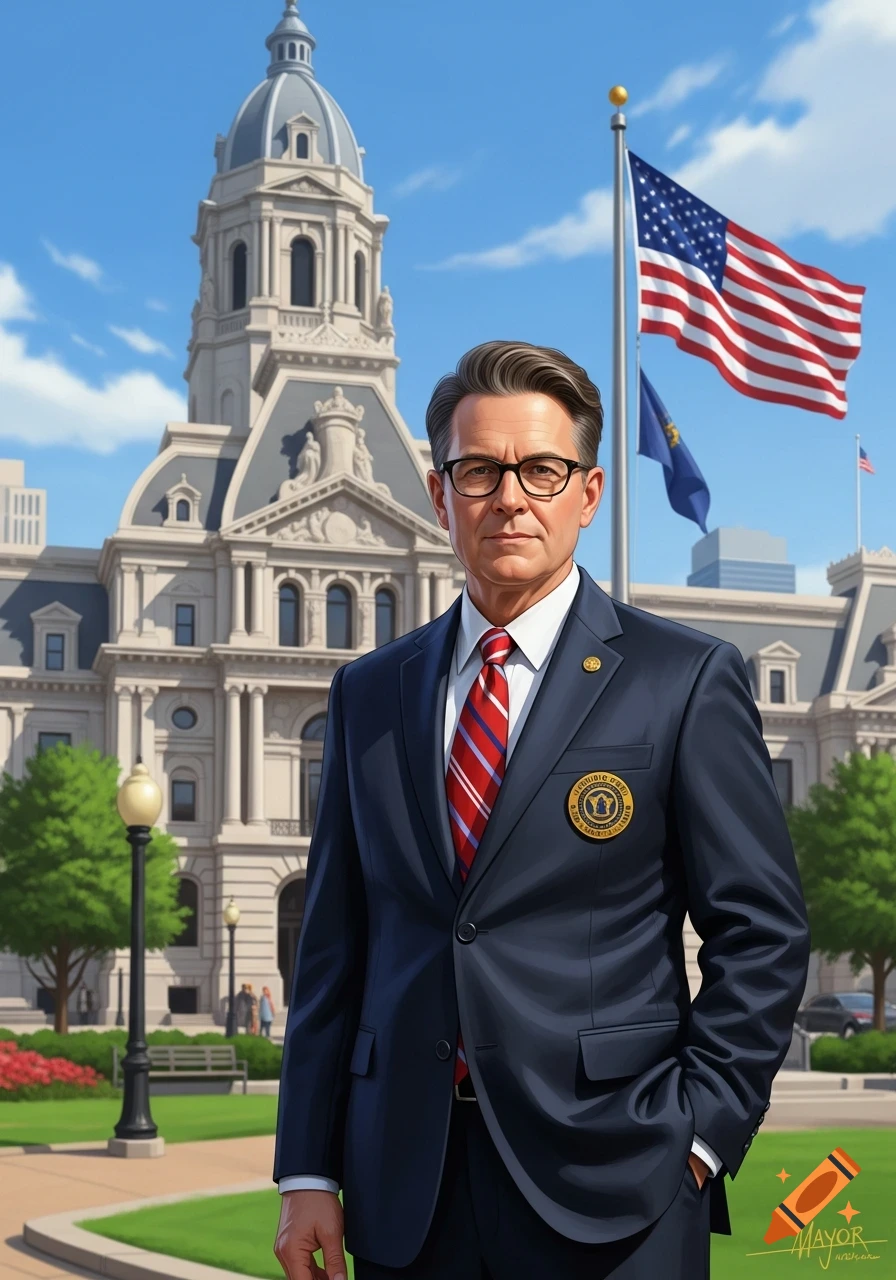 A man in a navy suit and glasses stands formally in front of a stately government building with an American flag flying, in a photorealistic style.
