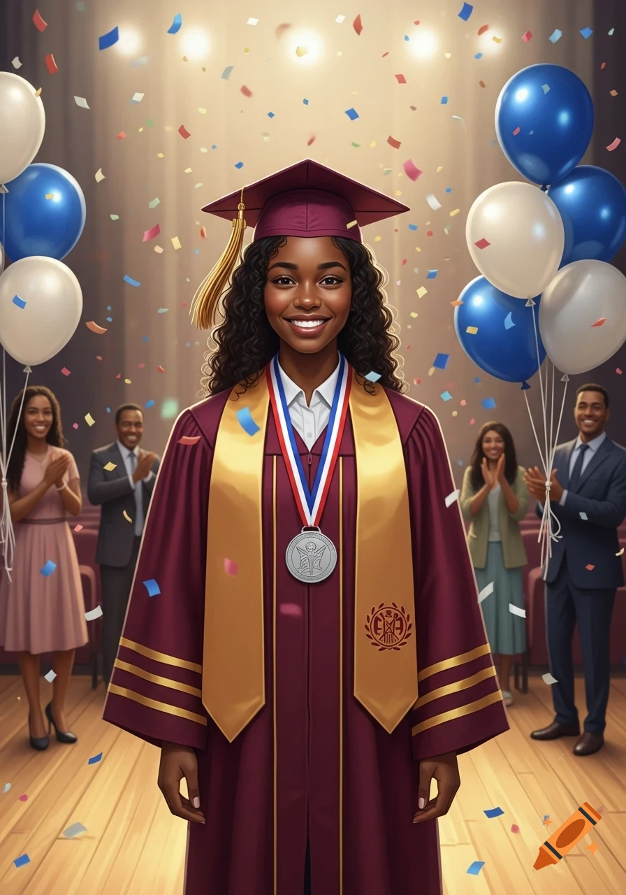 Smiling young Black woman in a maroon cap and gown with a medal, celebrating graduation with confetti and balloons.