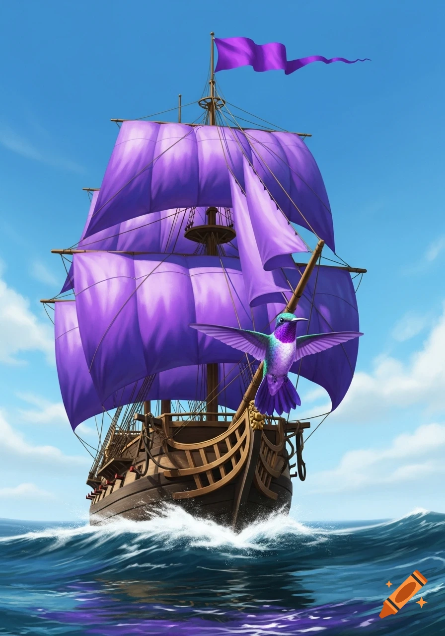 A vibrant purple-sailed pirate ship sails on a wavy blue sea with a colorful hummingbird perched on its bow.
