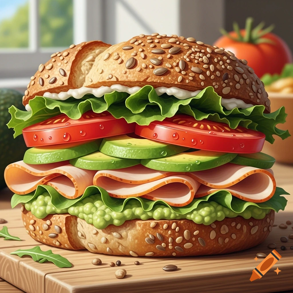 A close-up, photorealistic image of a generously filled sandwich on a cutting board, featuring lettuce, tomato, avocado, and turkey, topped with a seeded bun.