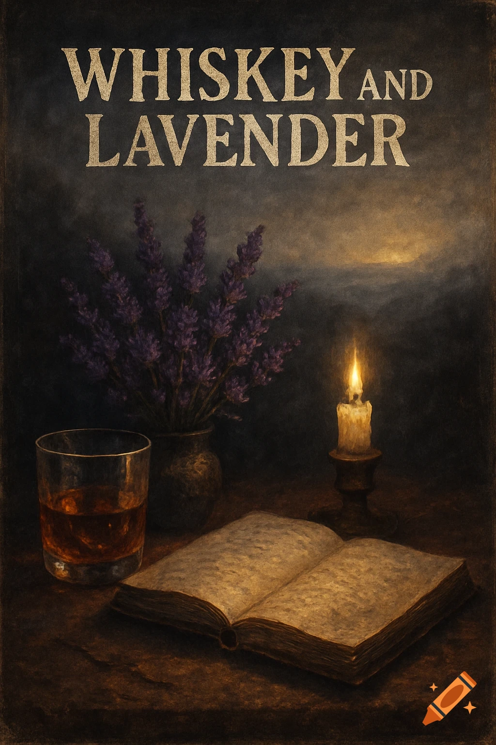 A dimly lit, painterly still life with a glass of whiskey, lavender bouquet, lit candle, and an open book, against a dark, moody background.