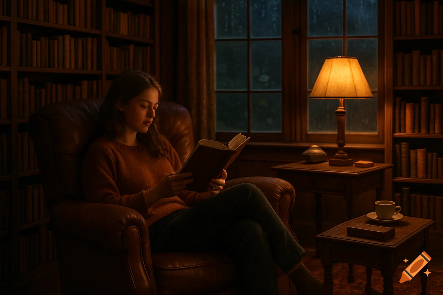 A young woman reads a book in a cozy, dimly lit library with dark wooden shelves and a glowing table lamp.