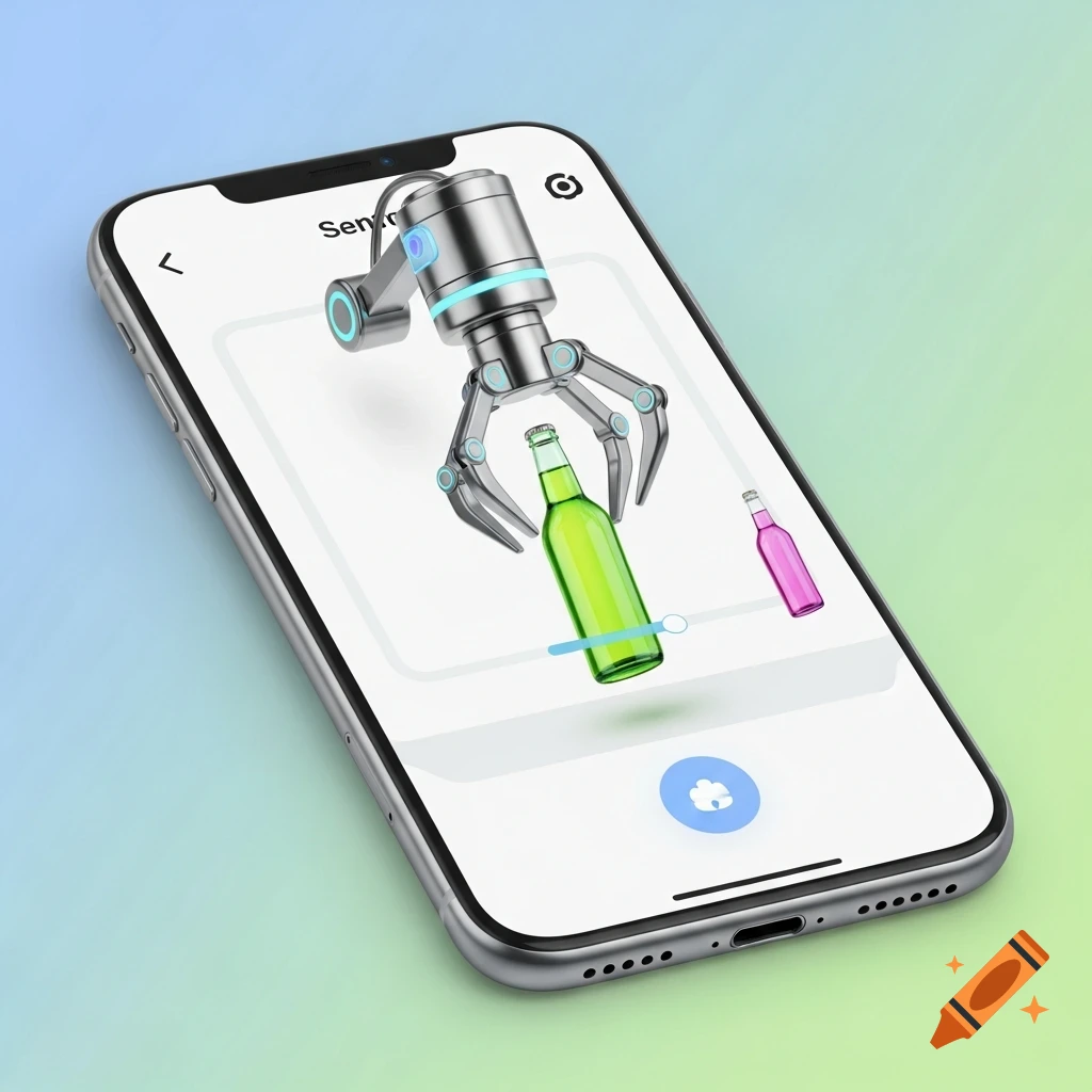 A close-up of a smartphone screen displaying a metallic robotic claw holding a green glass bottle, with a pink bottle in the background.