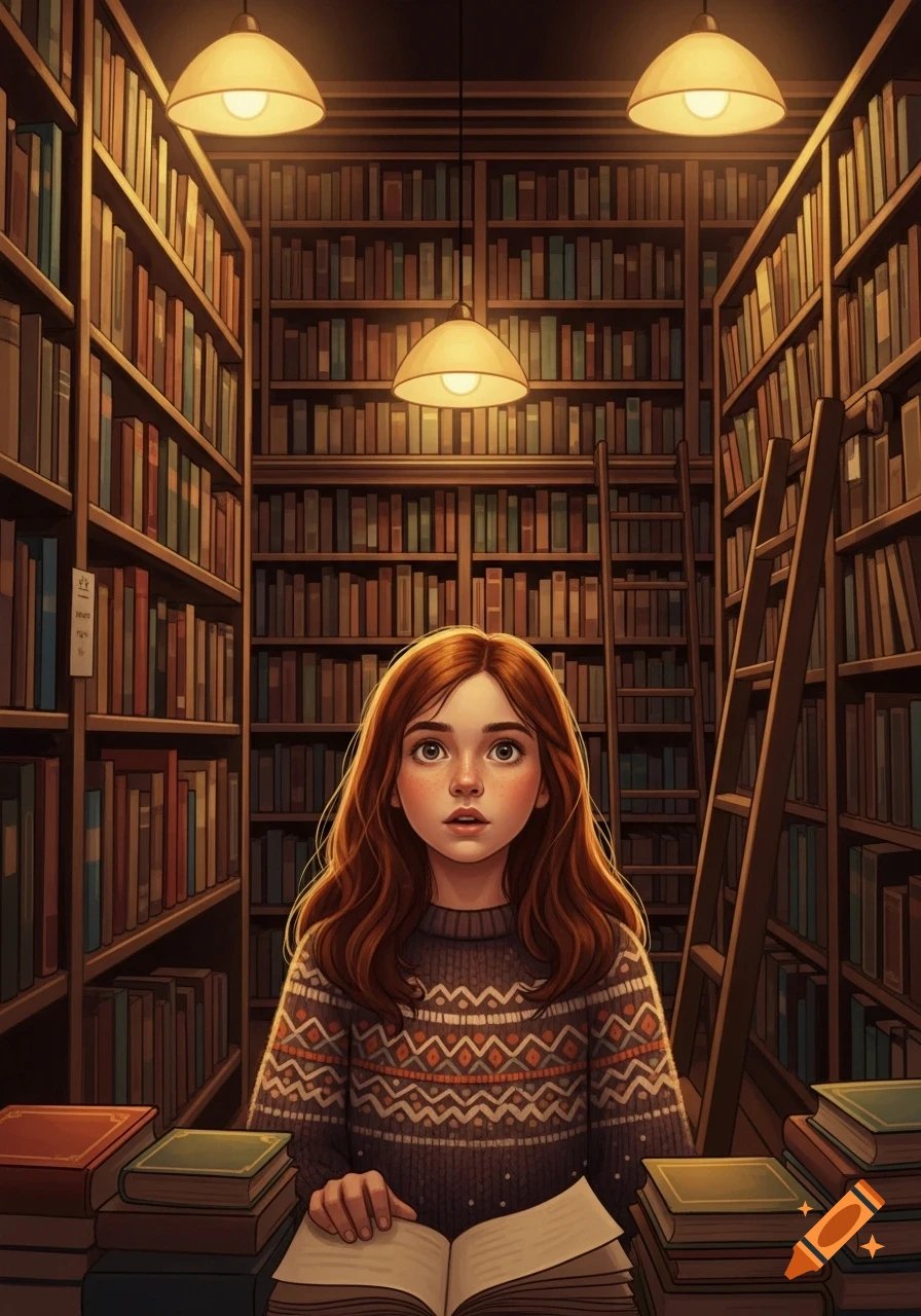 A young girl with long red hair and a patterned sweater looks up while sitting at a table with an open book, surrounded by towering bookshelves and hanging lamps in a stylized library.