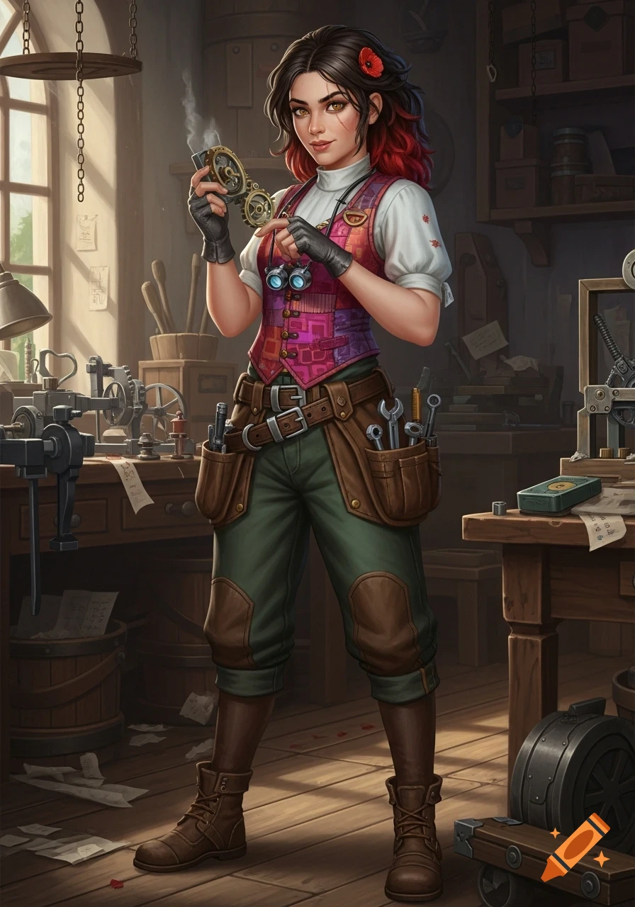 A vibrant steampunk tinkerer with dark hair, red streaks, and golden eyes holds gears and goggles in a detailed workshop.