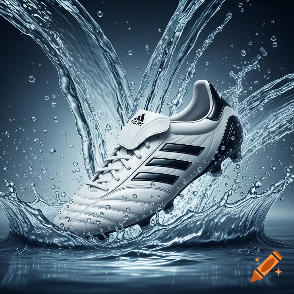 White soccer cleat with black stripes splashing out of clear blue water, photorealistic.