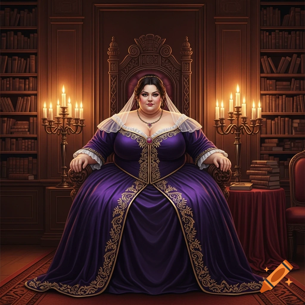 A morbidly obese woman in a voluminous purple and gold dress sits on a grand throne in a dimly lit library.