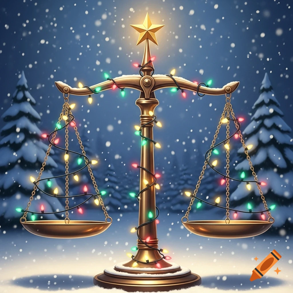 Scales of justice adorned with colorful Christmas lights in a snowy winter scene with pine trees.
