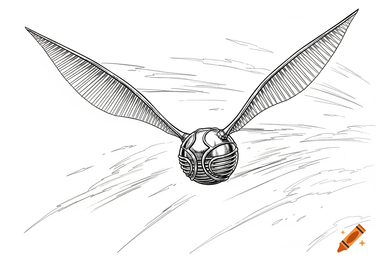 A black and white line drawing of a Golden Snitch with wings spread, flying with motion lines in the background.
