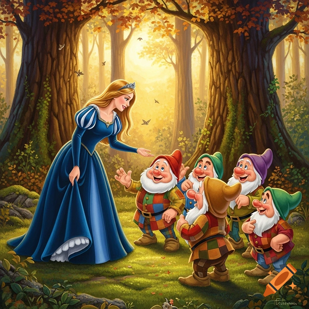 A princess in a blue gown with a crown talking to six smiling dwarfs in a vibrant autumn forest illustration.