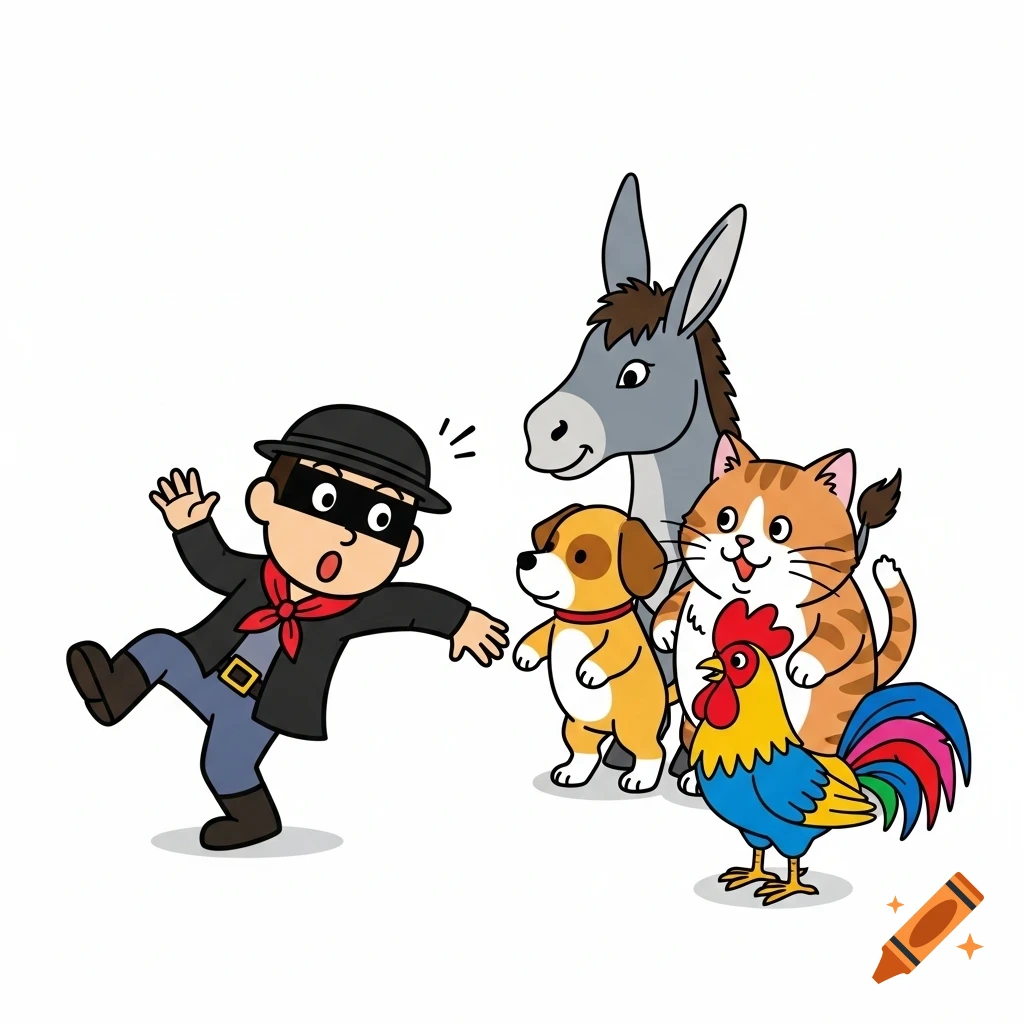 A cartoon robber stumbles backward, surprised, as he's confronted by four standing animals: a donkey, a dog, a cat, and a rooster.