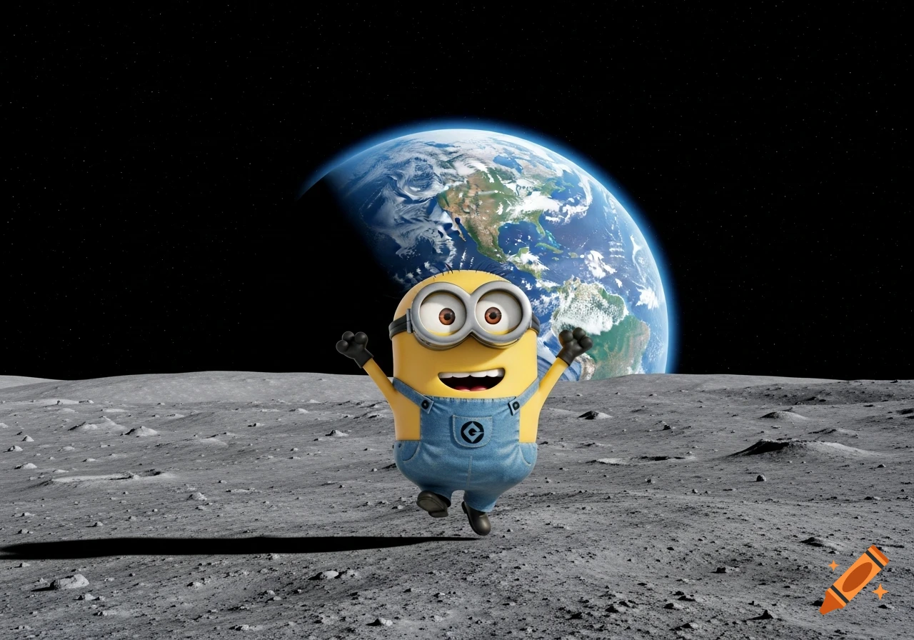 A cheerful Minion character jumps on the moon's surface with Earth visible in the dark space background.