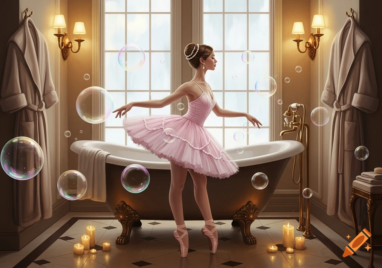 A graceful ballerina in a pink tutu poses on pointe in an elegant bathroom with a bathtub, floating bubbles, and candles.