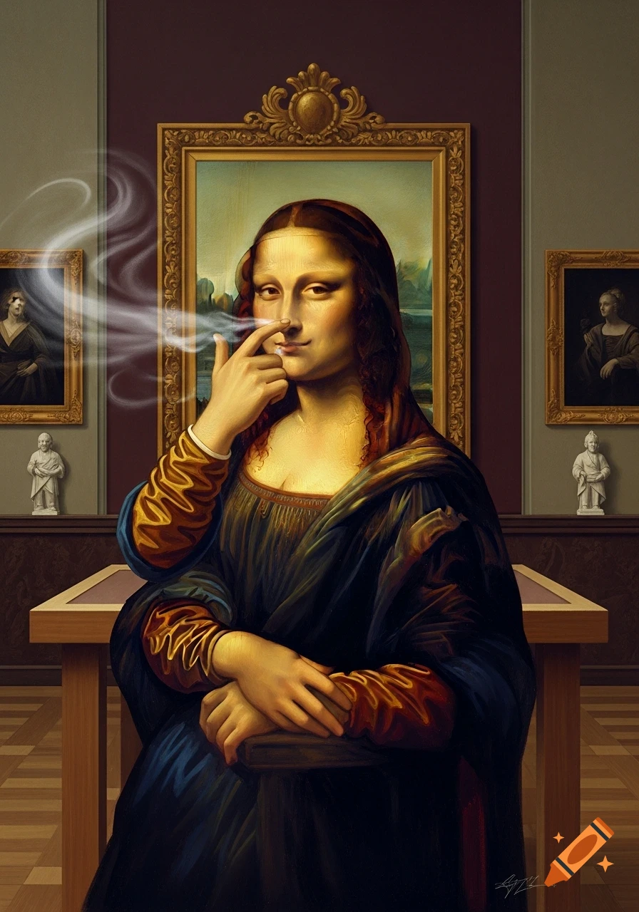A painting of Mona Lisa holding her nose and making a disgusted face, with smoke around her fingers, displayed in an art gallery.