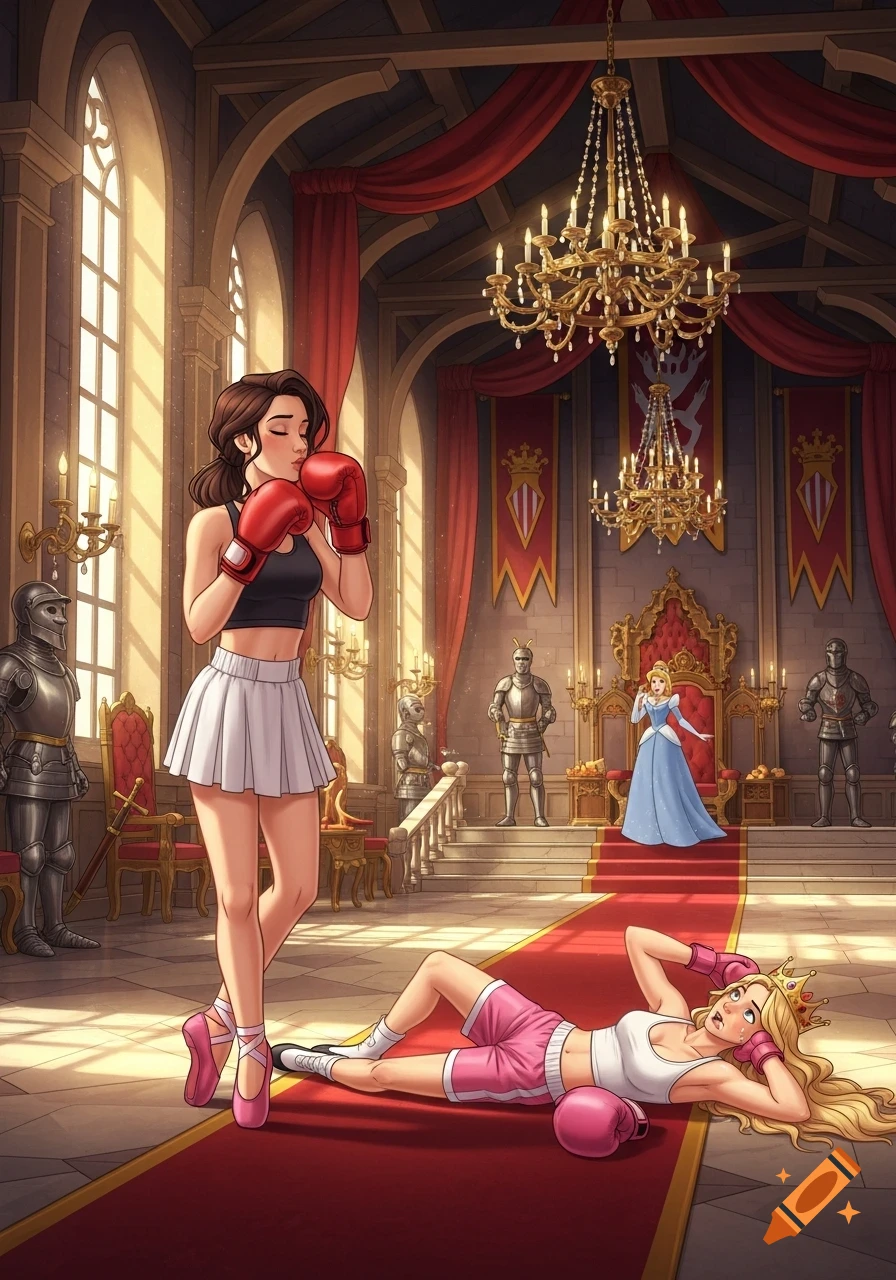 A fairytale illustration shows a female boxer kissing her red glove triumphantly while another blonde boxer lies knocked out on a red carpet in a medieval castle throne room, with Princess Aurora looking on.