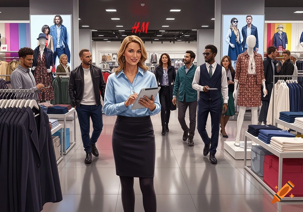 A smiling female H&M employee holding a tablet in a modern clothing store, surrounded by other staff and apparel.