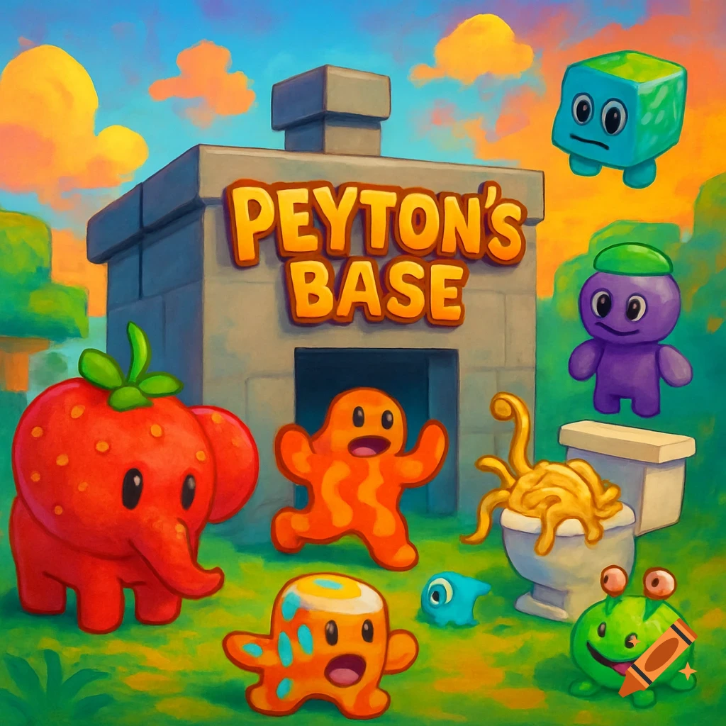 A colorful, cartoony illustration of a gray building labeled 'Peyton's Base' surrounded by whimsical blob-like creatures, including a strawberry elephant and a toilet with spaghetti.