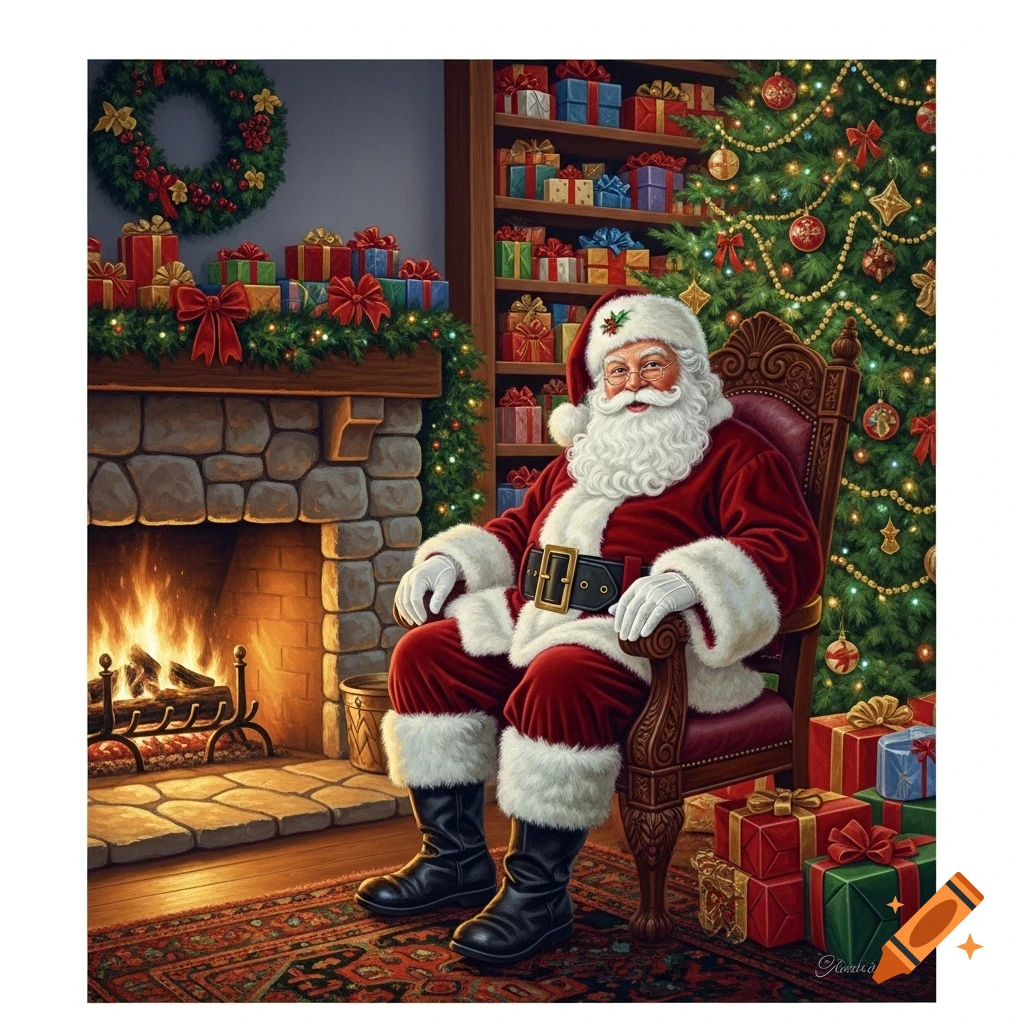 Santa Claus sits in a grand chair by a crackling fireplace, surrounded by a decorated Christmas tree and gifts, in an oil painting.