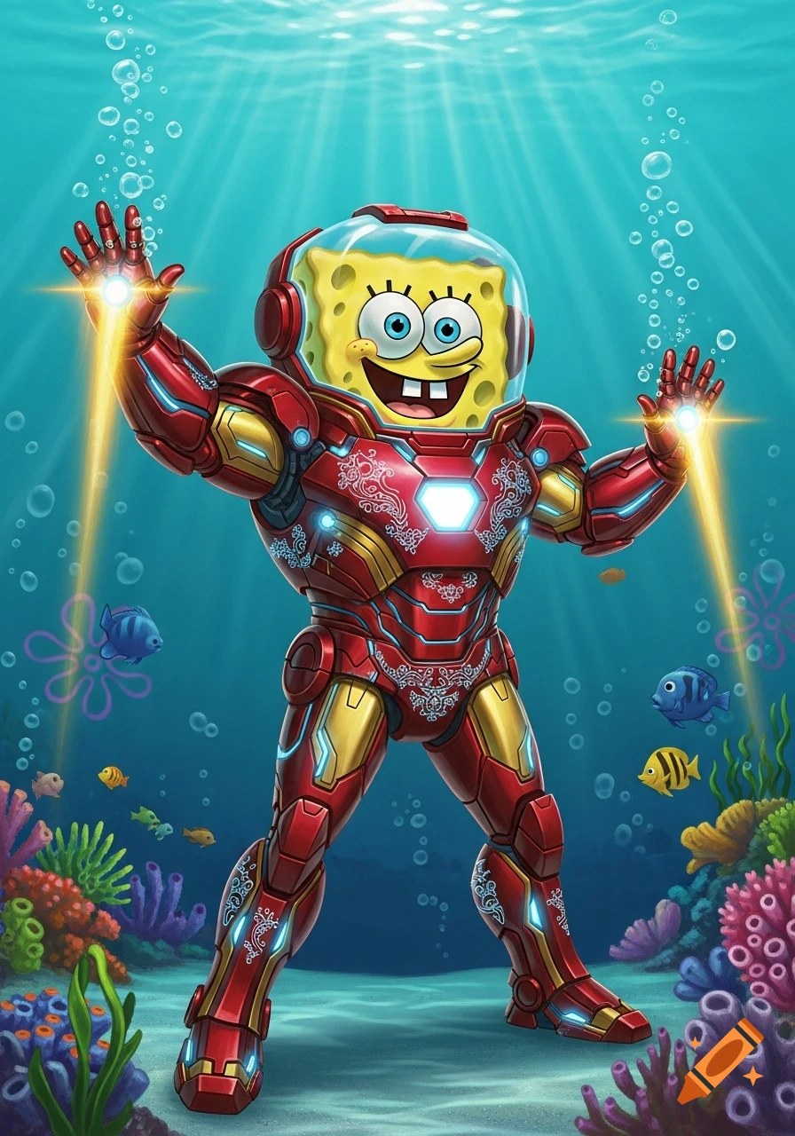 SpongeBob SquarePants in a red and gold Iron Man suit, emitting light from his hands, stands underwater surrounded by coral, fish, and bubbles.