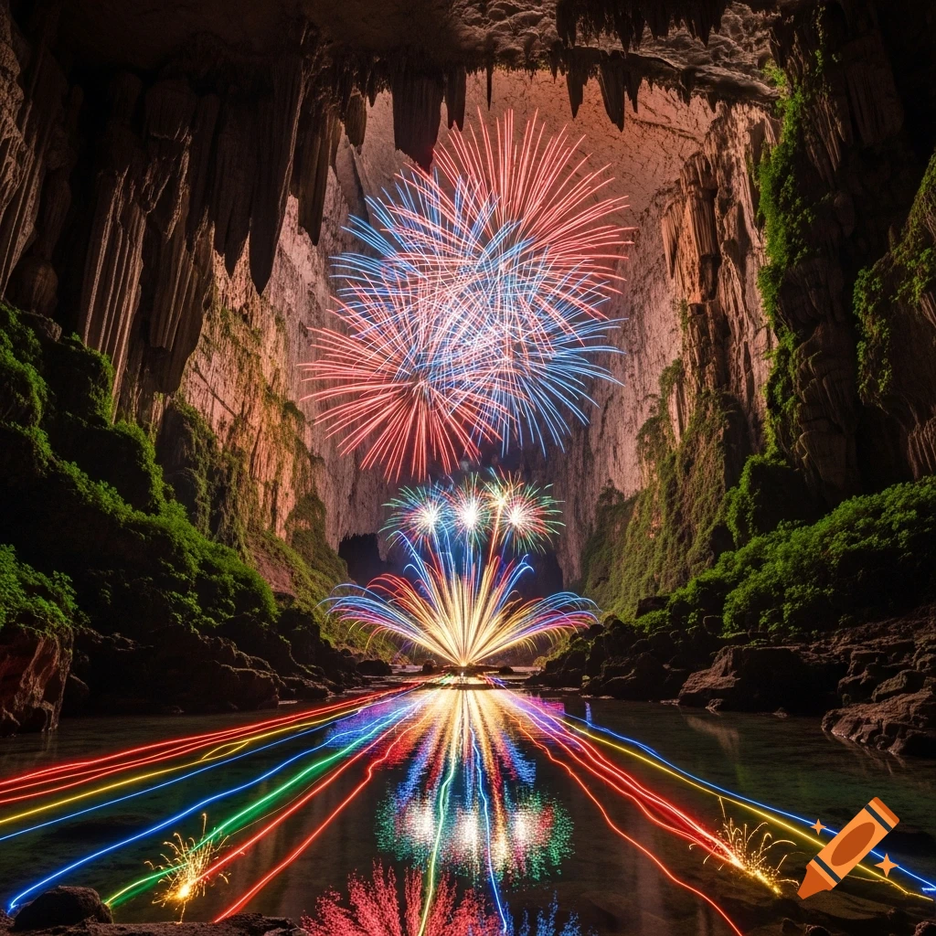 Colorful fireworks exploding inside a vast cave, with vibrant light trails reflecting on a calm water surface.