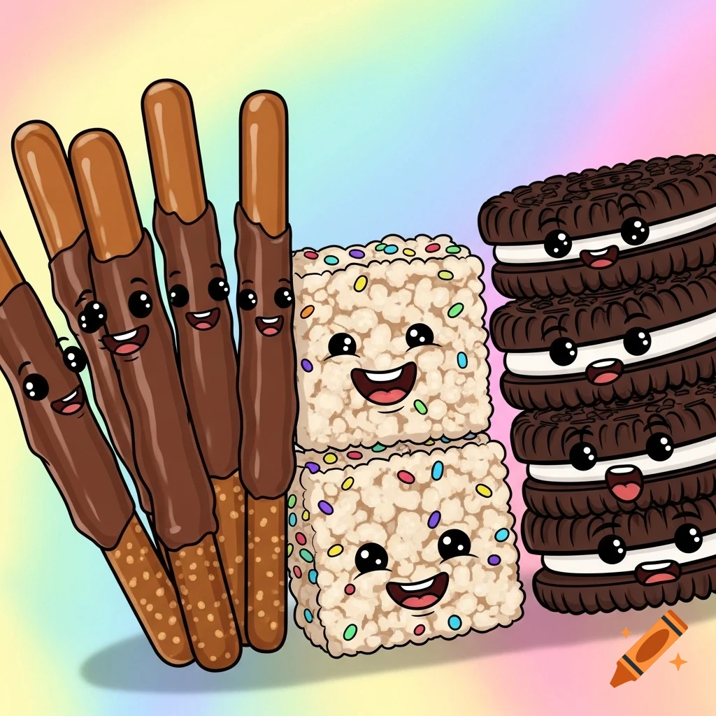 Cartoon chocolate-dipped pretzel rods, rice krispy treats, and Oreo cookies with happy faces against a pastel rainbow background.