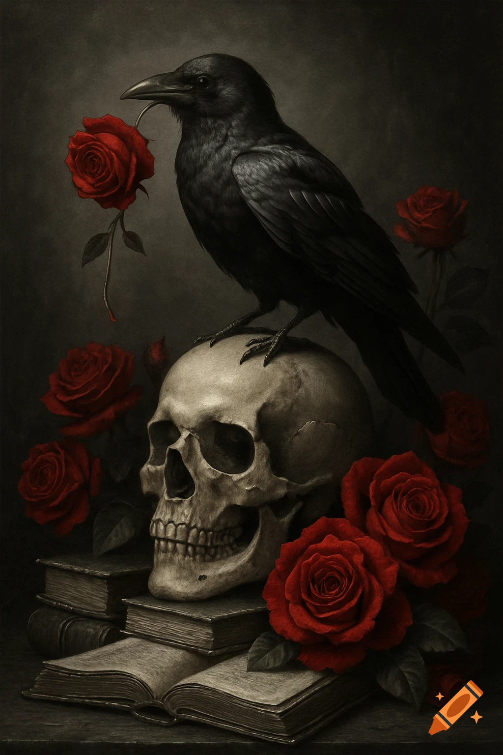 A glossy black crow perches on a weathered human skull, surrounded by vibrant red roses and antique open books, with a rose dangling from its beak. Moody, gothic art style.