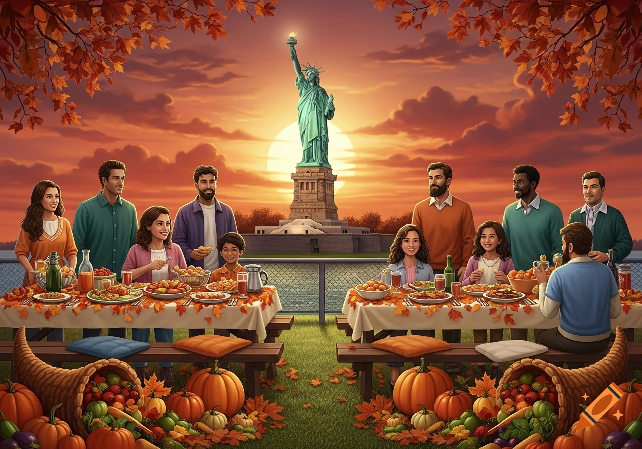A diverse group celebrates Thanksgiving with two long tables laden with food, against a backdrop of the Statue of Liberty at sunset with autumn leaves. Digital art.