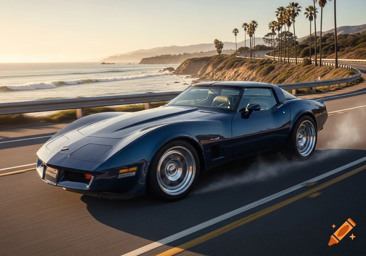 A dark blue 1982 Corvette with HRE 505 rims drives along a scenic coastal highway at sunset, with waves crashing on the beach to the left and palm trees lining the road to the right. The car kicks up some dust from its rear wheels.