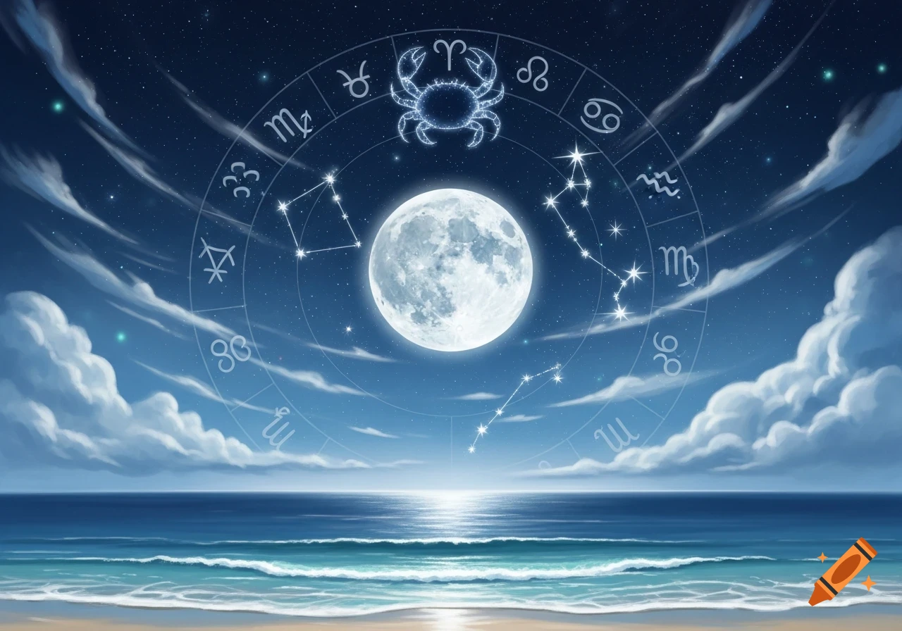Full moon over an ocean beach at night, with a zodiac wheel and constellations in the starry sky.