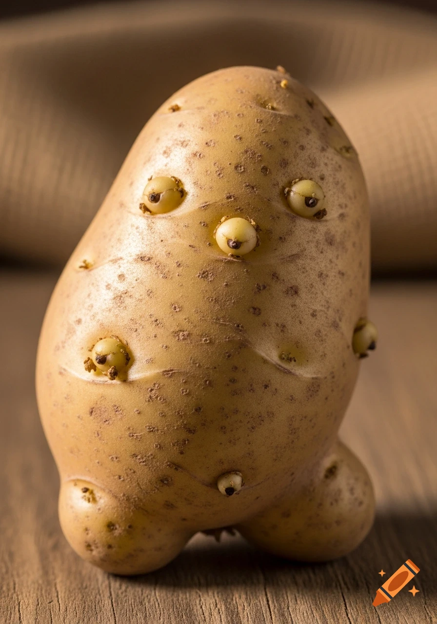 A close-up of a golden-brown potato with sprouts resembling eyes, and a bulbous, foot-like base, on a wooden surface.