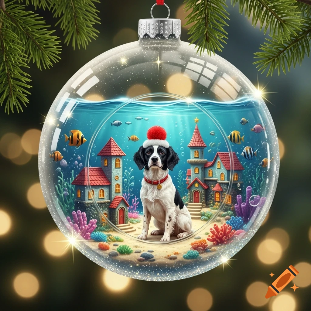 A black and white dog wearing a red pompom hat sits in a clear Christmas ornament shaped like an underwater village, hanging from a pine tree branch. The ornament sparkles with glitter, and the background is blurred with festive lights.