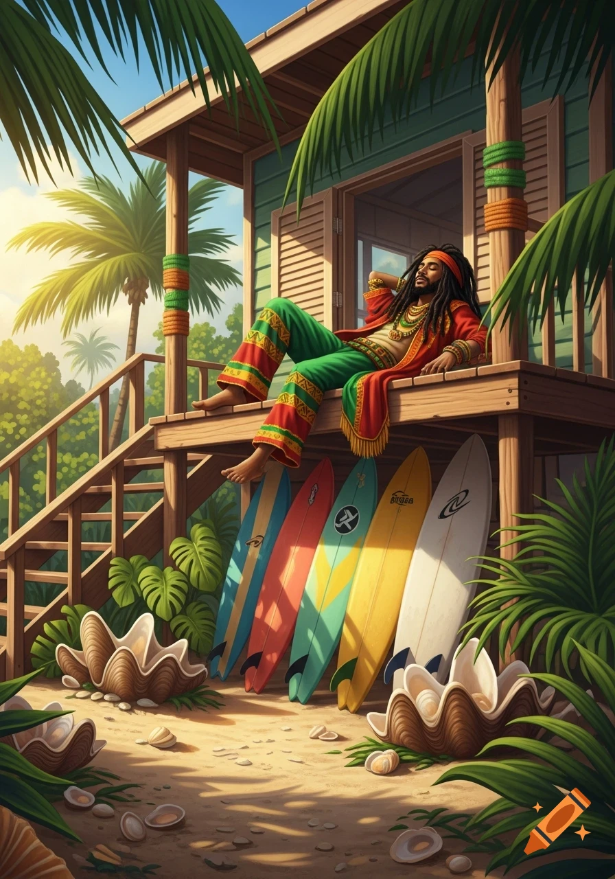 Rasta-clad man with dreadlocks relaxes on a beach house porch, surrounded by surfboards, palm leaves, and shells in an illustrative style.