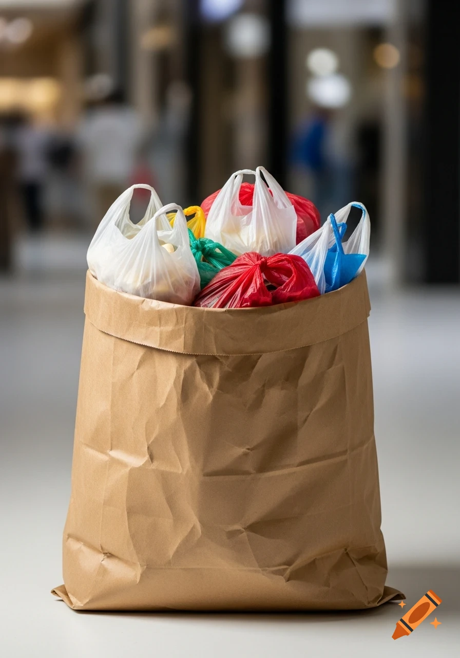 A large crumpled brown paper bag overflowing with colorful plastic shopping bags in a blurred indoor setting.
