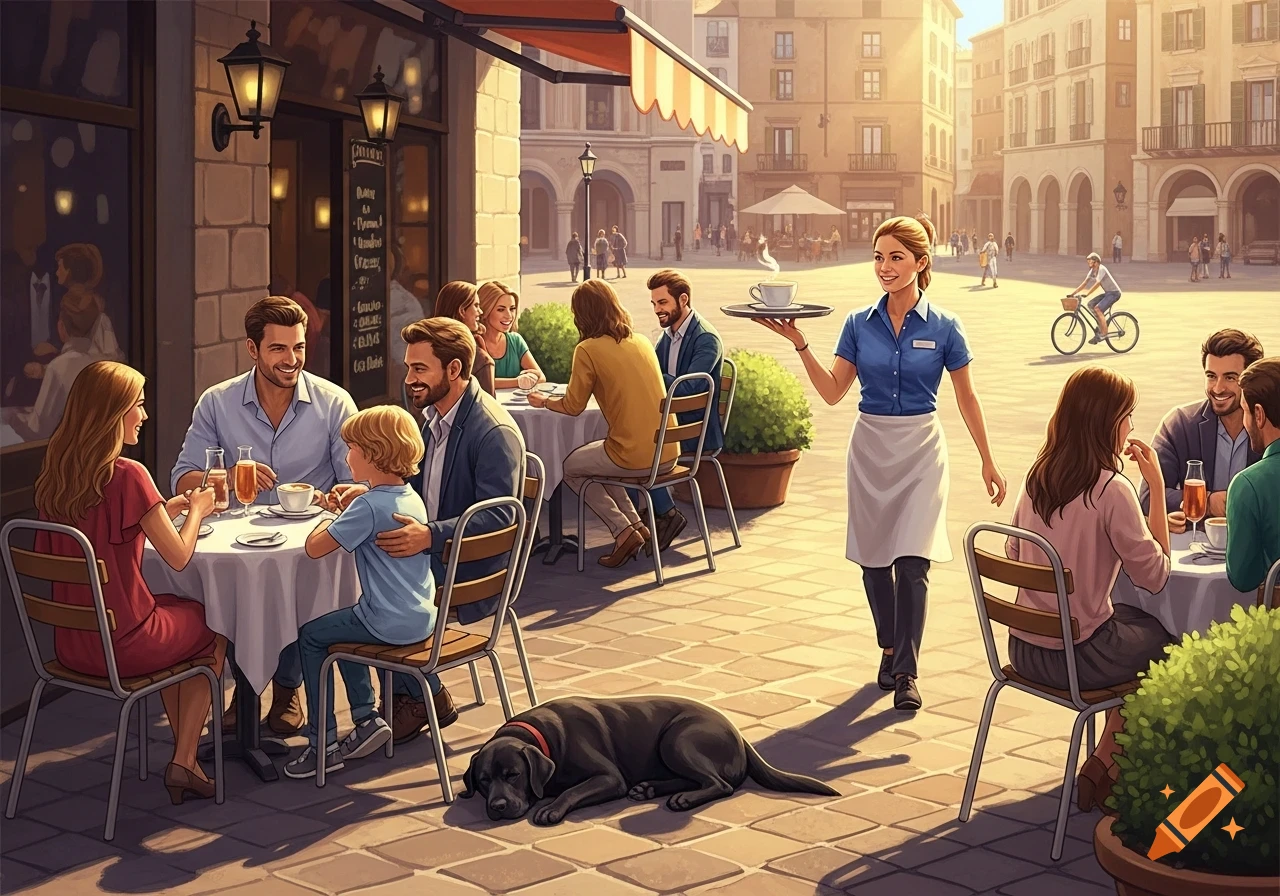 Sunny outdoor cafe terrace in a city square, with people dining, a waitress, and a sleeping black dog.