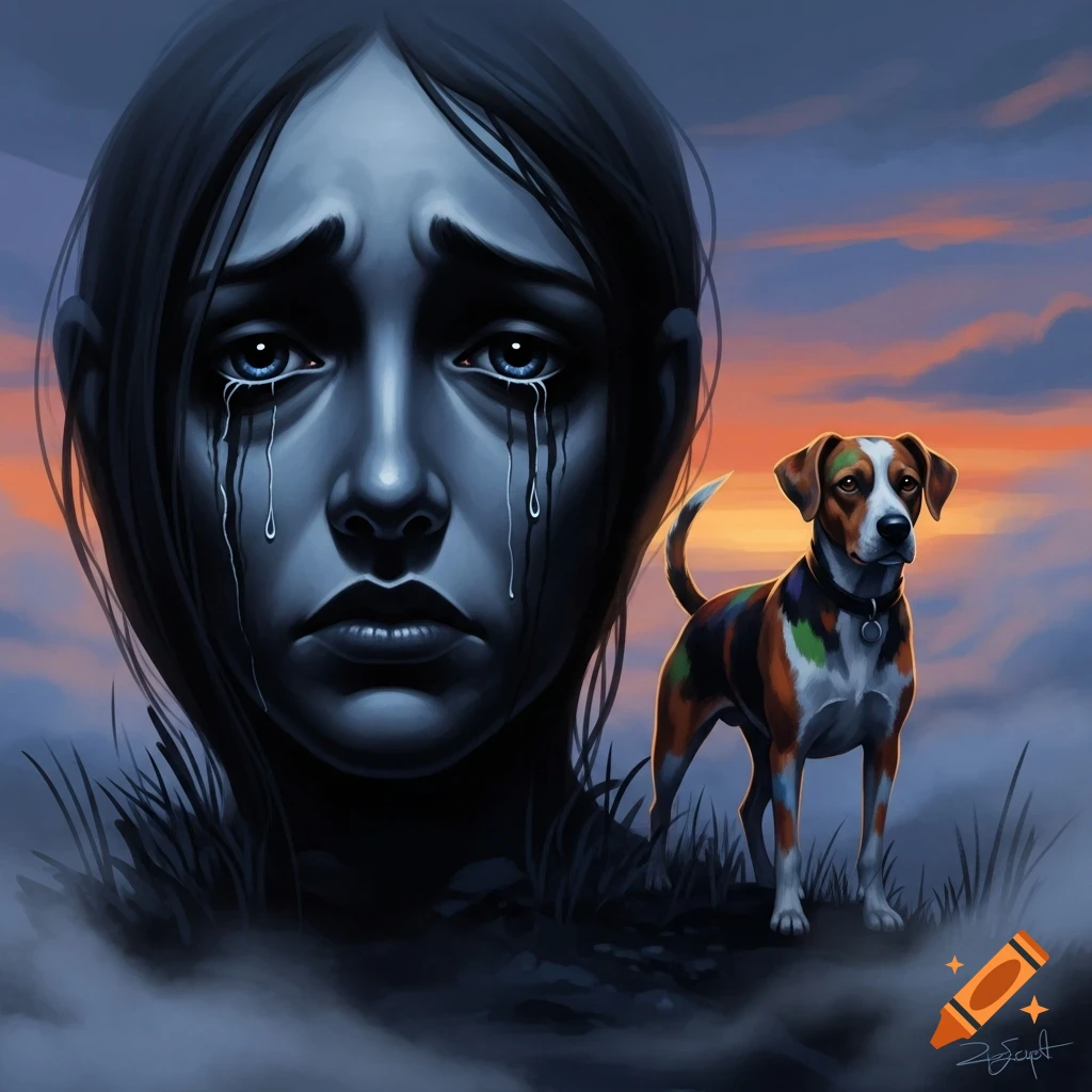 Digital painting of a large, crying woman's face next to a small, colorful dog in a misty landscape with a sunset sky.